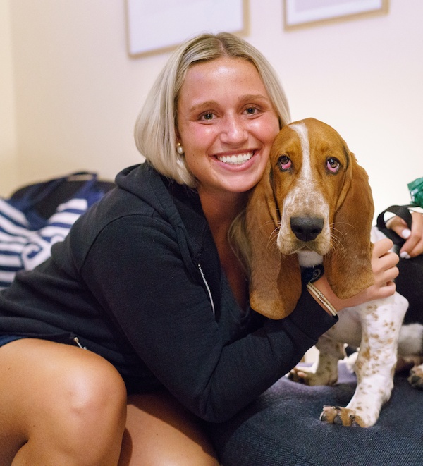 Basset hound and pet parent at Bond Vet